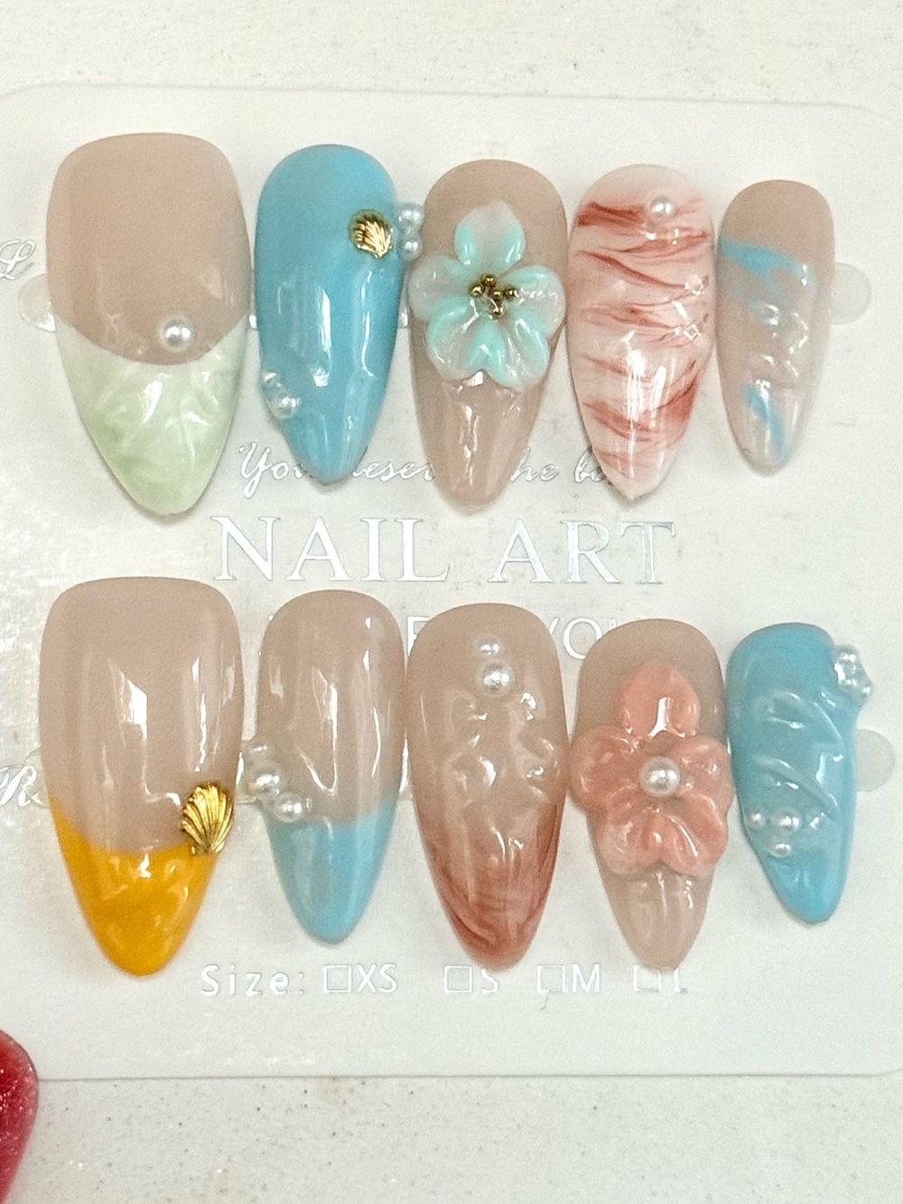 Floral & Marble Press-On Nail Set - Blue, Pink, Beige, Yellow